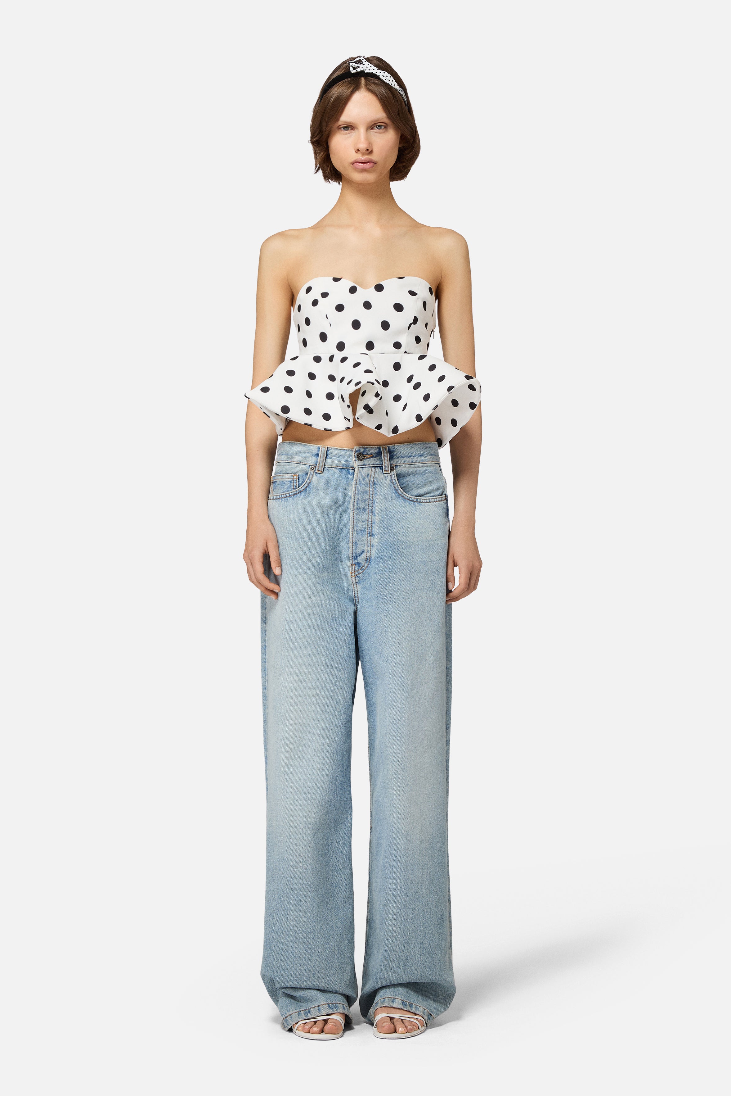 Polka Dot Peplum Crop Top Bianco